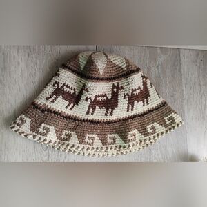 Vintage 100% Alpaca Wool Bucket Hat Crochet Brown Tan OS Made In Boliva